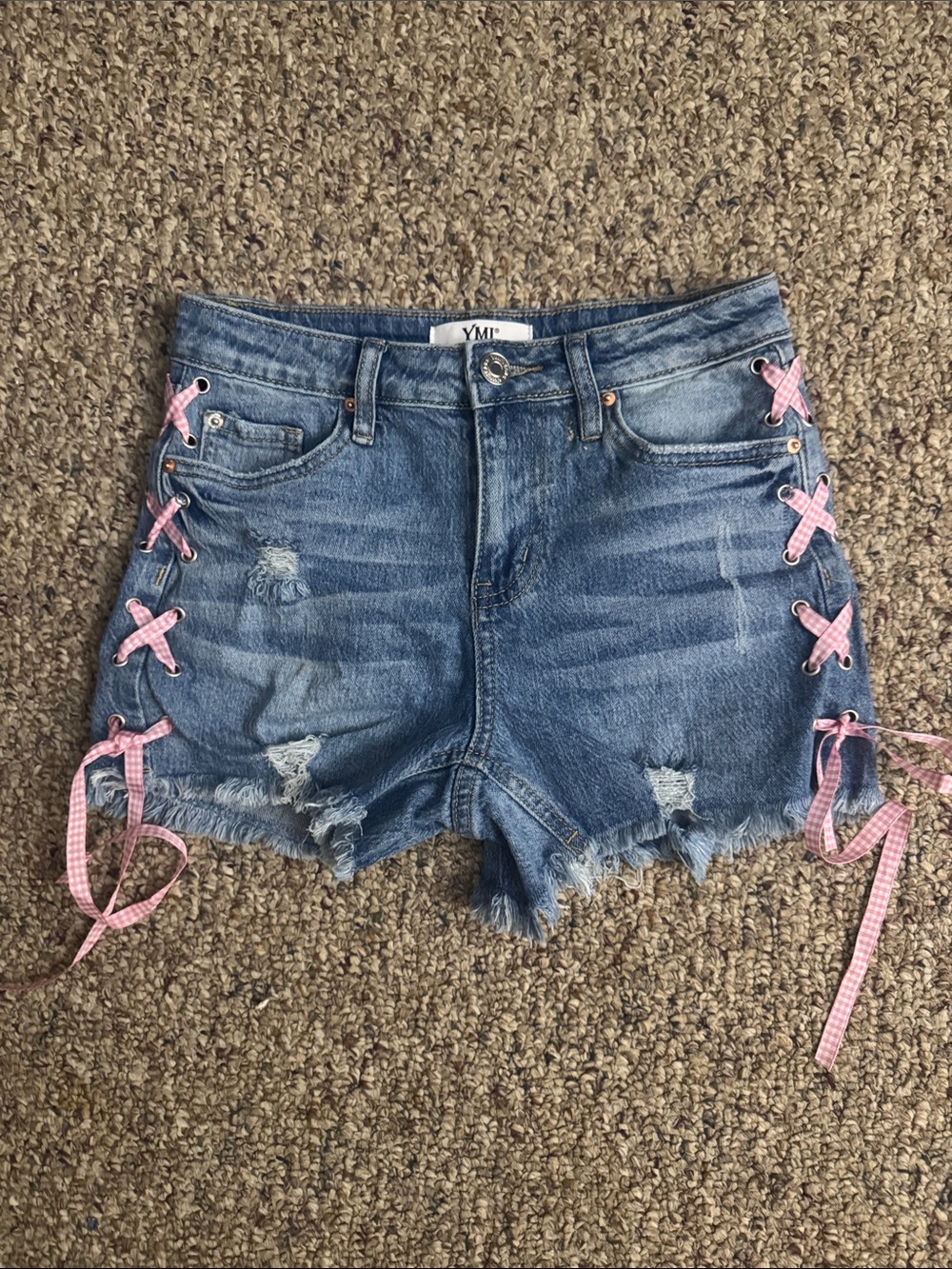 YMI Blue Denim Shorts with Pink Gingham Lace-Up Sides